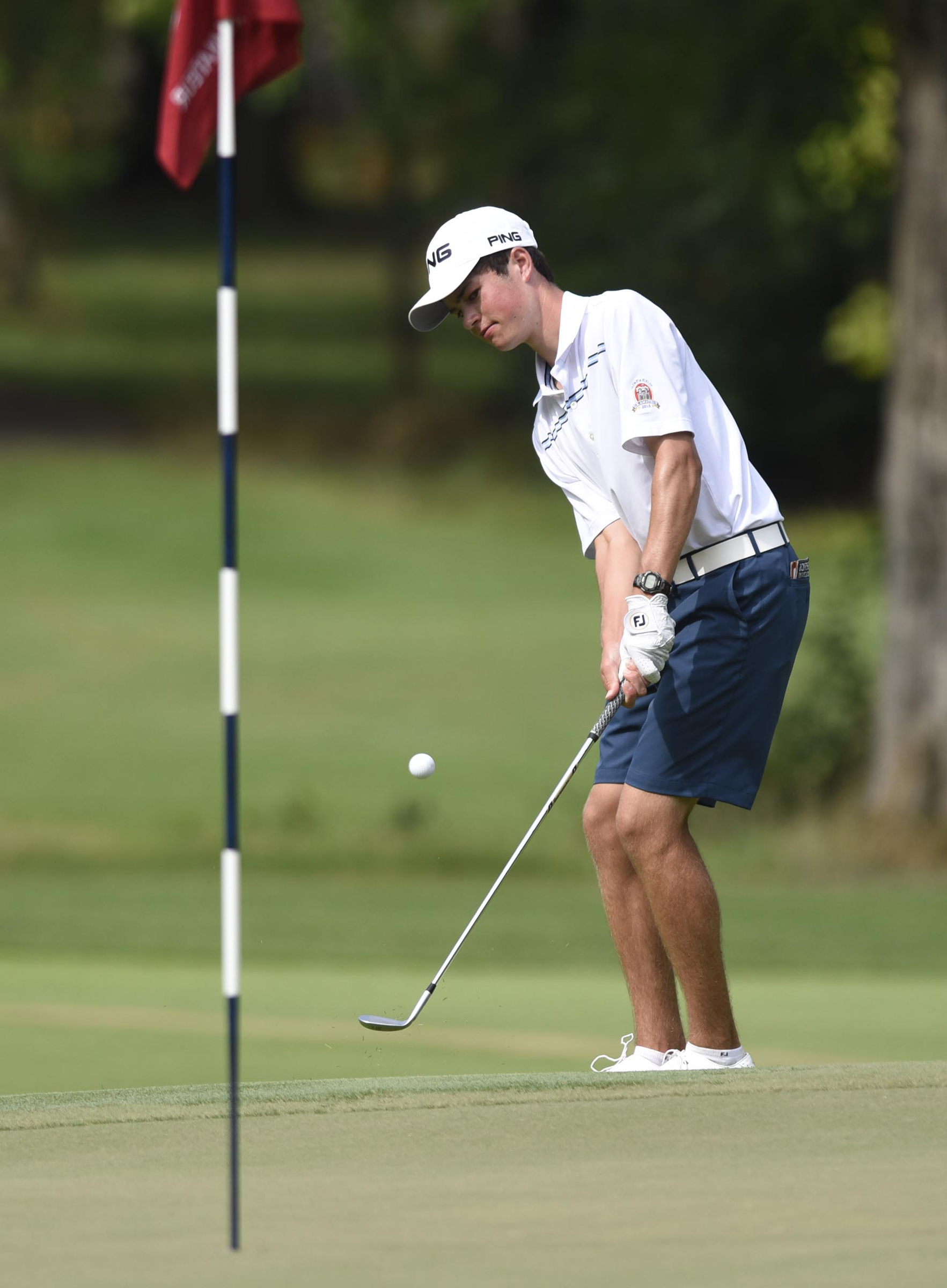 Cole Hammer of Houston, Texas chips onto the 5th green.The third day of the 69th U.S. Junior Amateur Championship was held at the Honors Course in Ooltewah, Tennessee, Wednesday July 20, 2016.