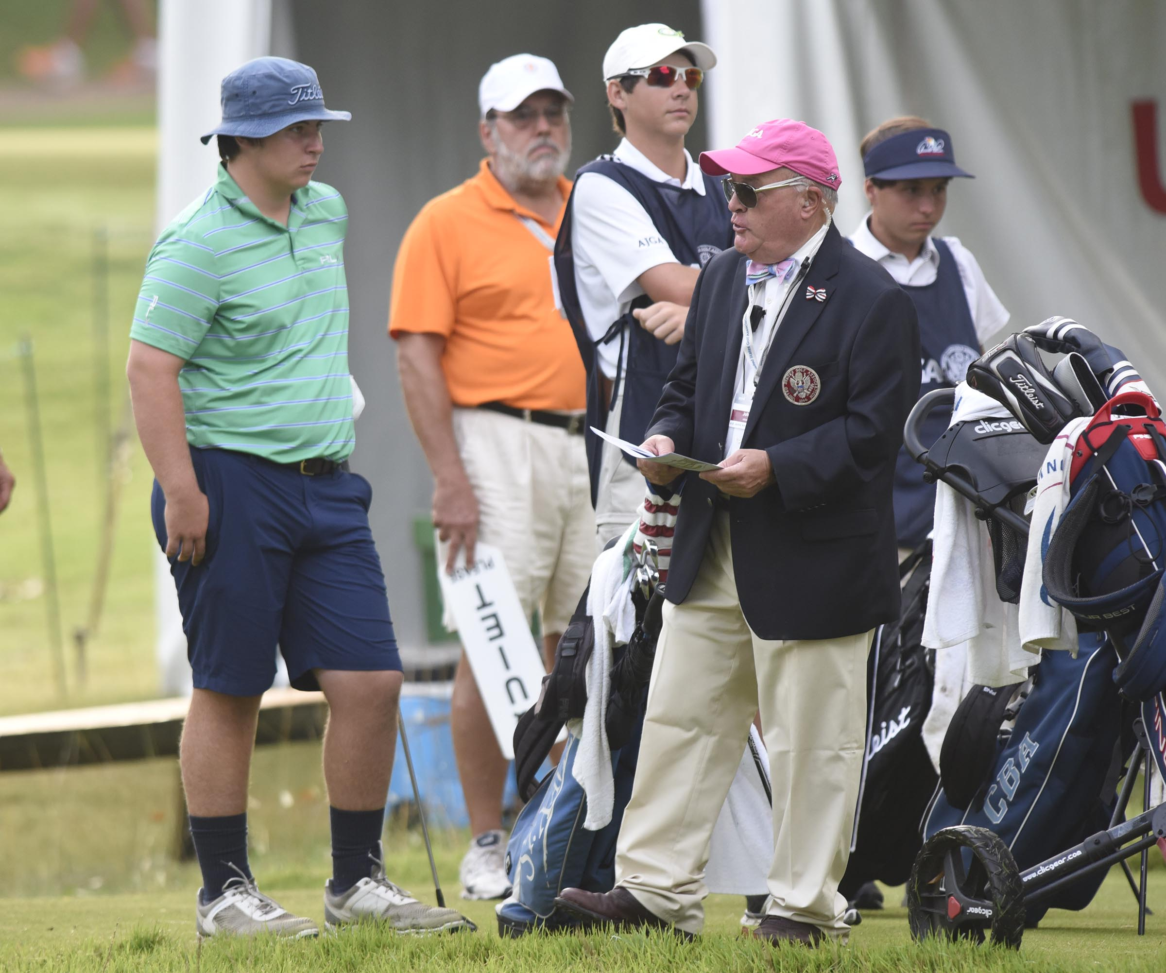 USGA starter John Reis gets the players and caddies together for the 7:15 a.m. playoff to complete the 64 player field. The third day of the 69th U.S. Junior Amateur Championship was held at the Honors Course in Ooltewah, Tennessee, Wednesday July 20, 2016.
