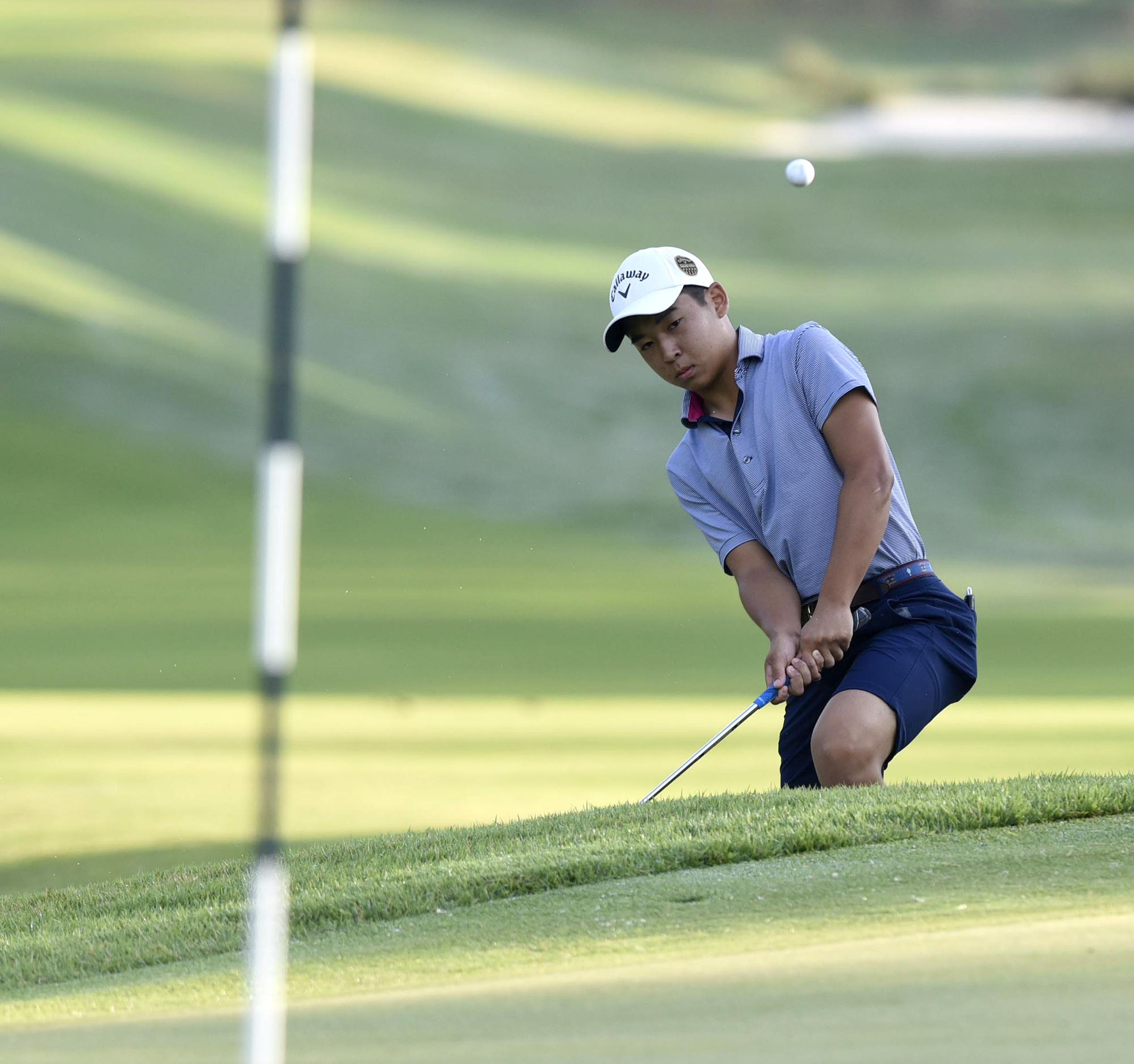 Brent Ito, of Ardsley, N.Y., watches the flight of his chip shot on the 10th hole at The Honors Course in Ooltewah early Wednesday morning. Ito was part of the playoff to determine the final seven qualifiers for match-play competition in the U.S. Junior Amateur Championship, and he went on to win his match against No. 5 seed Matthew Sharpstene from Asheville, N.C.