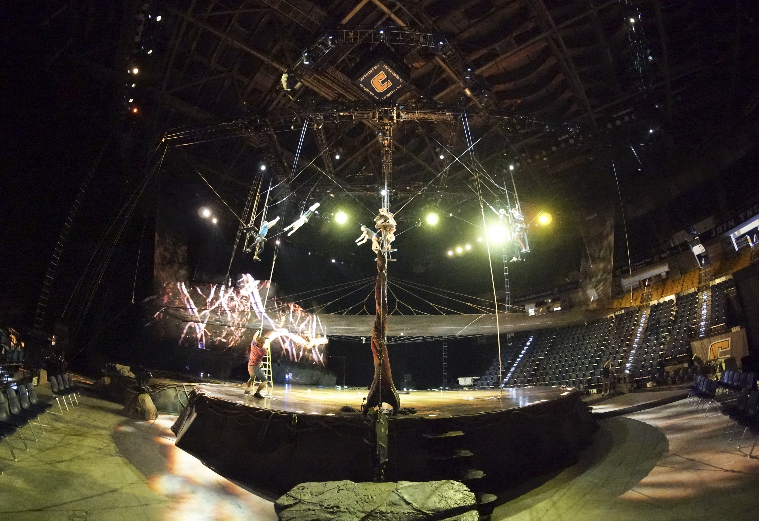 Staff Photo by Dan Henry / The Chattanooga Times Free Press- 7/20/16. Arial performers warm up before the opening night of the OVO Cirque Du Soleil being held at McKenzie arena in Chattanooga, Tenn., July 20-24 2016. The OVO Cirque show features performers as insects in colorful costumes performing acts including foot juggling, hand balancing, rock climbing, acrobatics and slack lining.