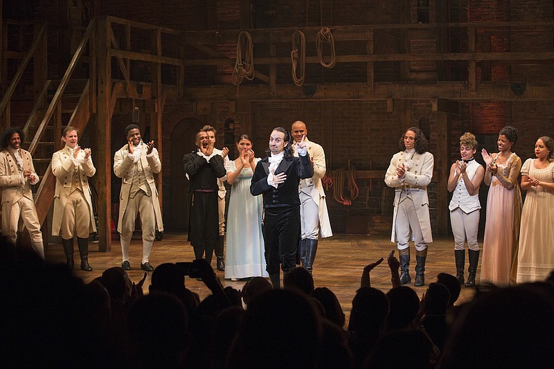 Cast members applaud for Lin-Manuel Miranda, who is leaving the musical "Hamilton," at the Richard Rogers Theatre in New York on July 9.