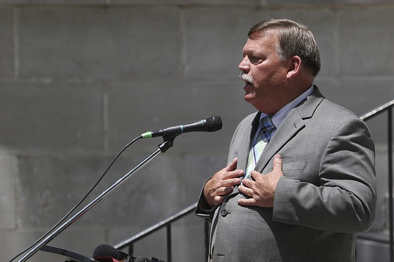 Hamilton County Mayor Jim Coppinger announces in June 2015 he is vetoing the County Commission's amended budget after it reinstated discretionary funds he had removed from the budget.