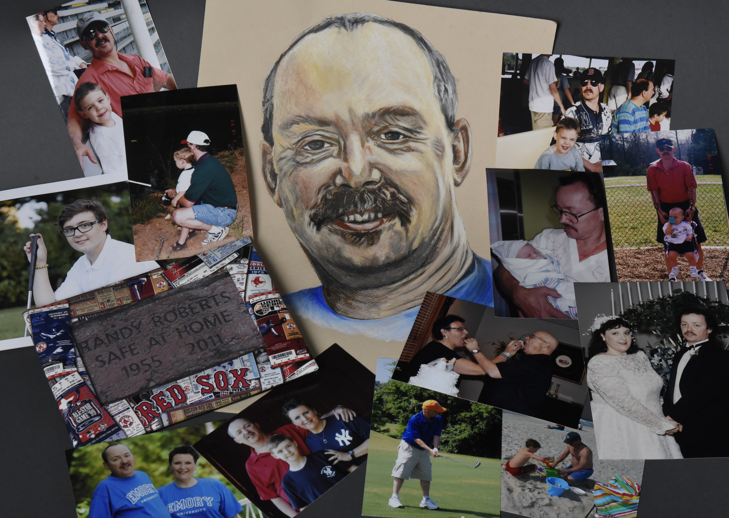 A collage of family photographs and a portrait of Randy Roberts, who died of mesothelioma as a result of asbestos exposure in September 2011.