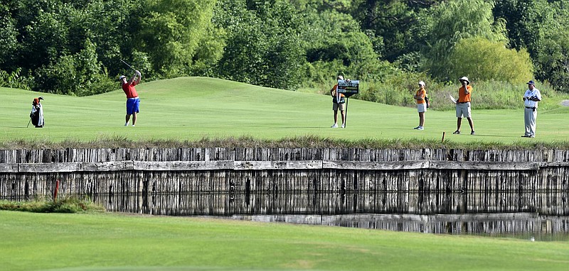 The use of railroad ties, such as pictured on the 7th hole, is a signature of a Pete Dye designed course.  The fourth day of the 69th U.S. Junior Amateur Championship was held at the Honors Course in Ooltewah, Tennessee, Thursday July 21, 2016. 