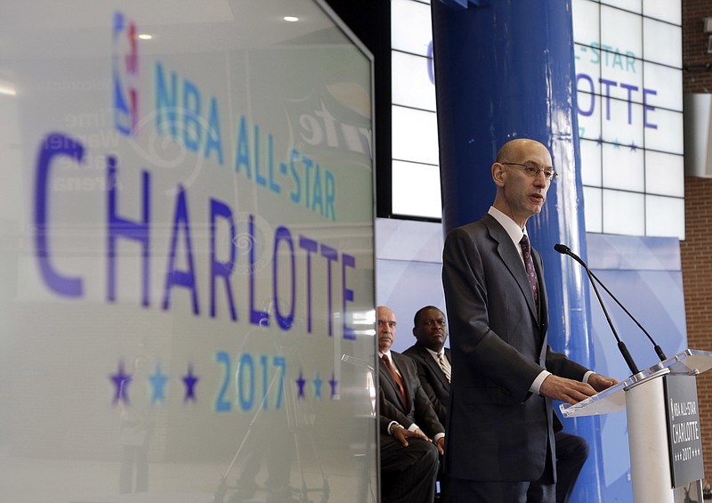 In this Tuesday, June 23, 2015 file photo NBA Commissioner Adam Silver speaks during a news conference to announce Charlotte, N.C., as the site of the 2017 NBA All-Star basketball game. The NBA is moving the 2017 All-Star Game out of Charlotte because of its objections to a North Carolina law that limits anti-discrimination protections for lesbian, gay and transgender people, Thursday, July 21, 2016. (AP Photo/Chuck Burton, File)