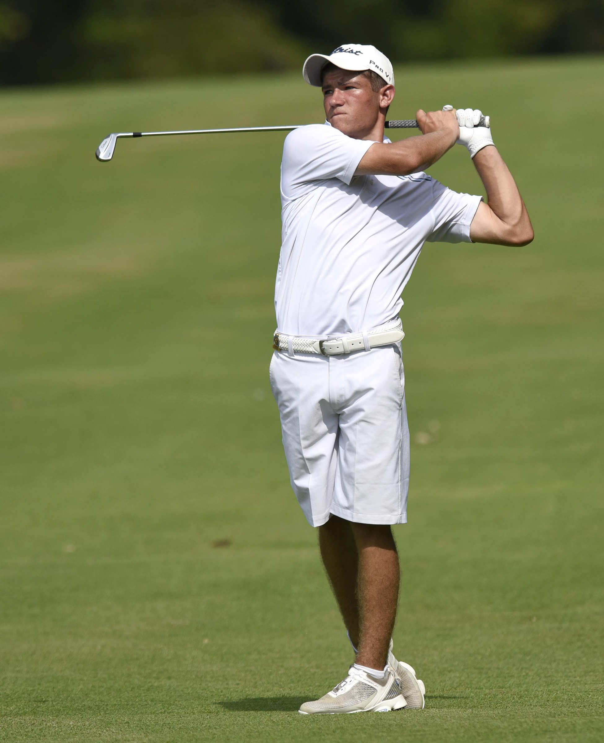 Noah Goodwin of Corinth, Texas hits his second shot onto the green of the par 5 2nd hole, which was the 20th hole of the match.  This shot would be all Goodwin would need as John Pak of Scotch Plains, New Jersey conceded the match after a series of bad shots.  The fifth day of the 69th U.S. Junior Amateur Championship was held at the Honors Course in Ooltewah, Tennessee, Friday July 22, 2016.