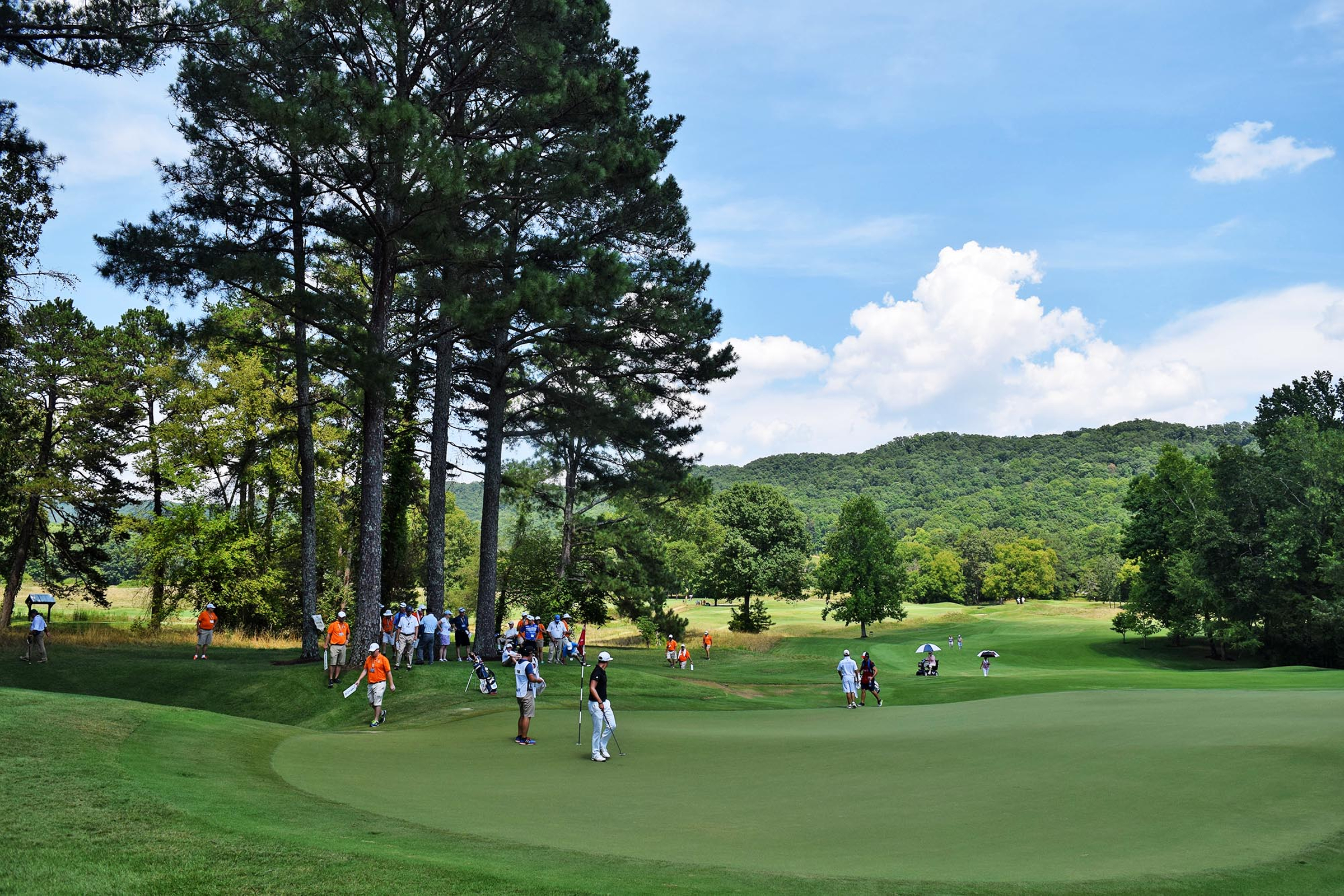 The match betweein John Pak of Scotch Plains, New Jersey and Noah Goodwin of Corinth, Texas reaches the 13th hole.  The fifth day of the 69th U.S. Junior Amateur Championship was held at the Honors Course in Ooltewah, Tennessee, Friday July 22, 2016.