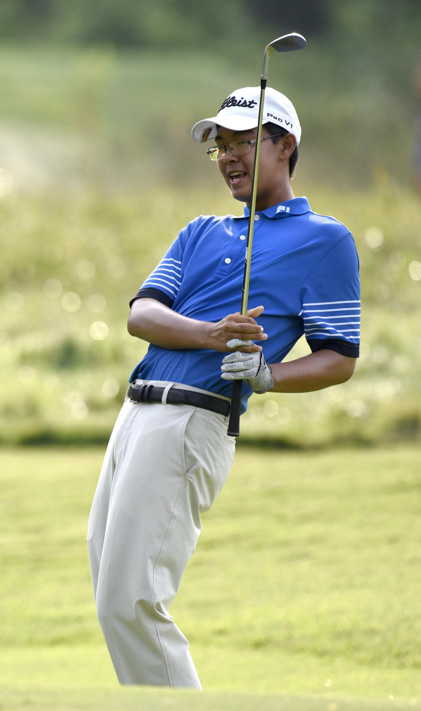 Eugene Hong of Sanford, Florida reacts to his chip shot just missing the 4th hole.  Hong defeated Wei Wei Gao of the Philippines 1 up.  The fifth day of the 69th U.S. Junior Amateur Championship was held at the Honors Course in Ooltewah, Tennessee, Friday July 22, 2016.
