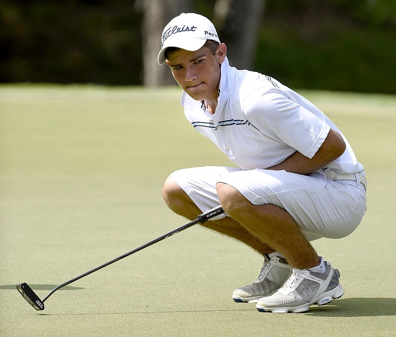 Noah Goodwin of Corinth, Texas reacts to missing a putt on the 18th hole that would have won him the match.  Goodwin won his semifinal match over John Pak of Scotch Plains, New Jersey after 20 holes. The fifth day of the 69th U.S. Junior Amateur Championship was held at the Honors Course in Ooltewah, Tennessee, Friday July 22, 2016.