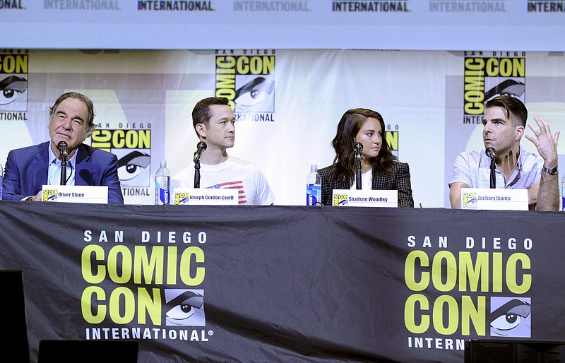
              Director/writer Oliver Stone, from left, Joseph Gordon-Levitt, Shailene Woodley and Zachary Quinto attend the "Snowden" panel on day 1 of Comic-Con International on Thursday, July 21, 2016, in San Diego. (Photo by Chris Pizzello/Invision/AP)
            