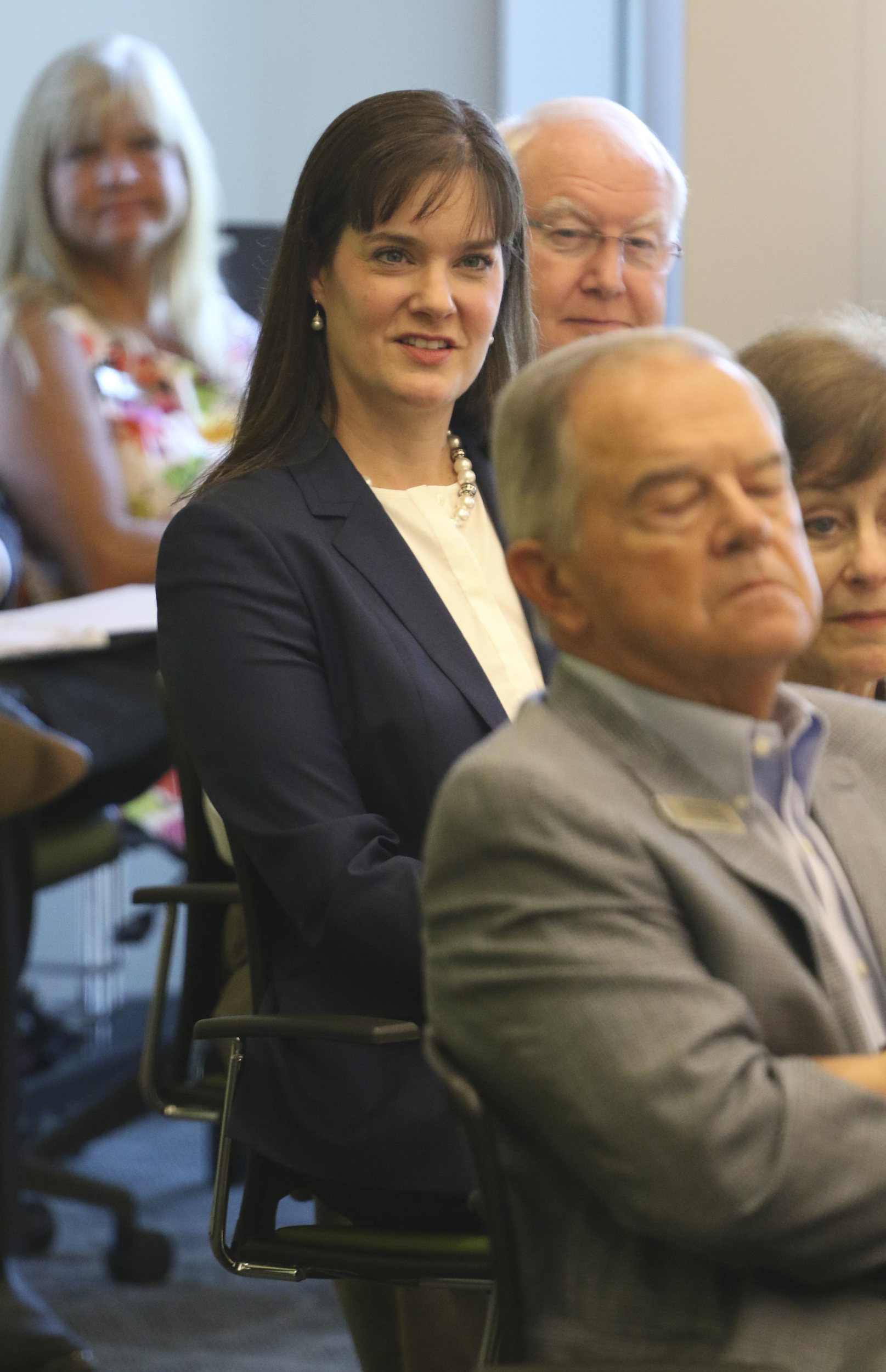 Staff Photo by Dan Henry / The Chattanooga Times Free Press- 7/21/16. Commissioner Candice McQueen, left, listens during a Tennessee State Board of Education meeting at the University of Tennessee at Chattanooga library on Thursday, July 21, 2016.