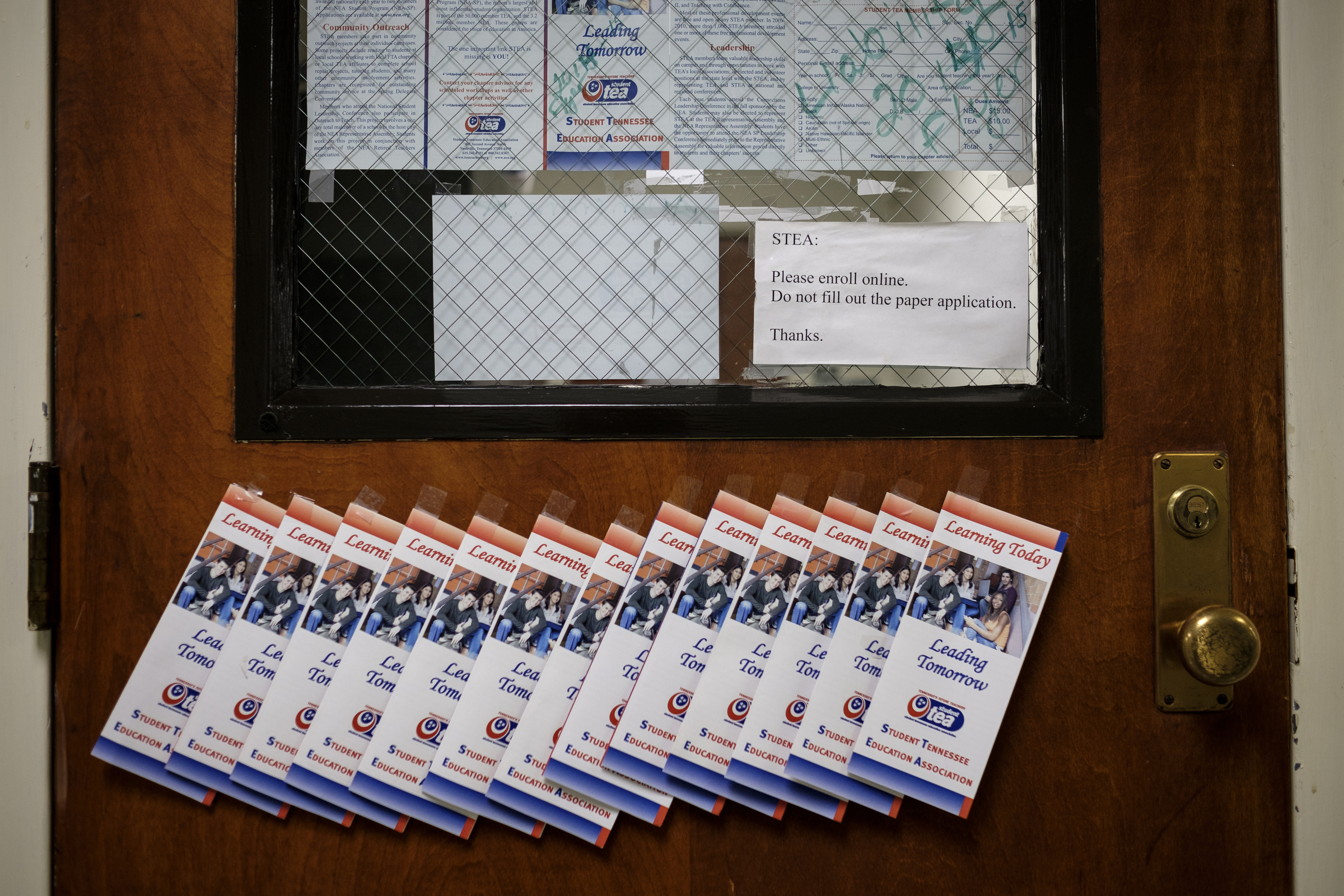 Flyers for the Student Tennessee Education Association are seen on a door inside Hunter Hall, home of the UTC School of Education, on the school's campus Friday, July 22, 2016, in Chattanooga, Tenn.