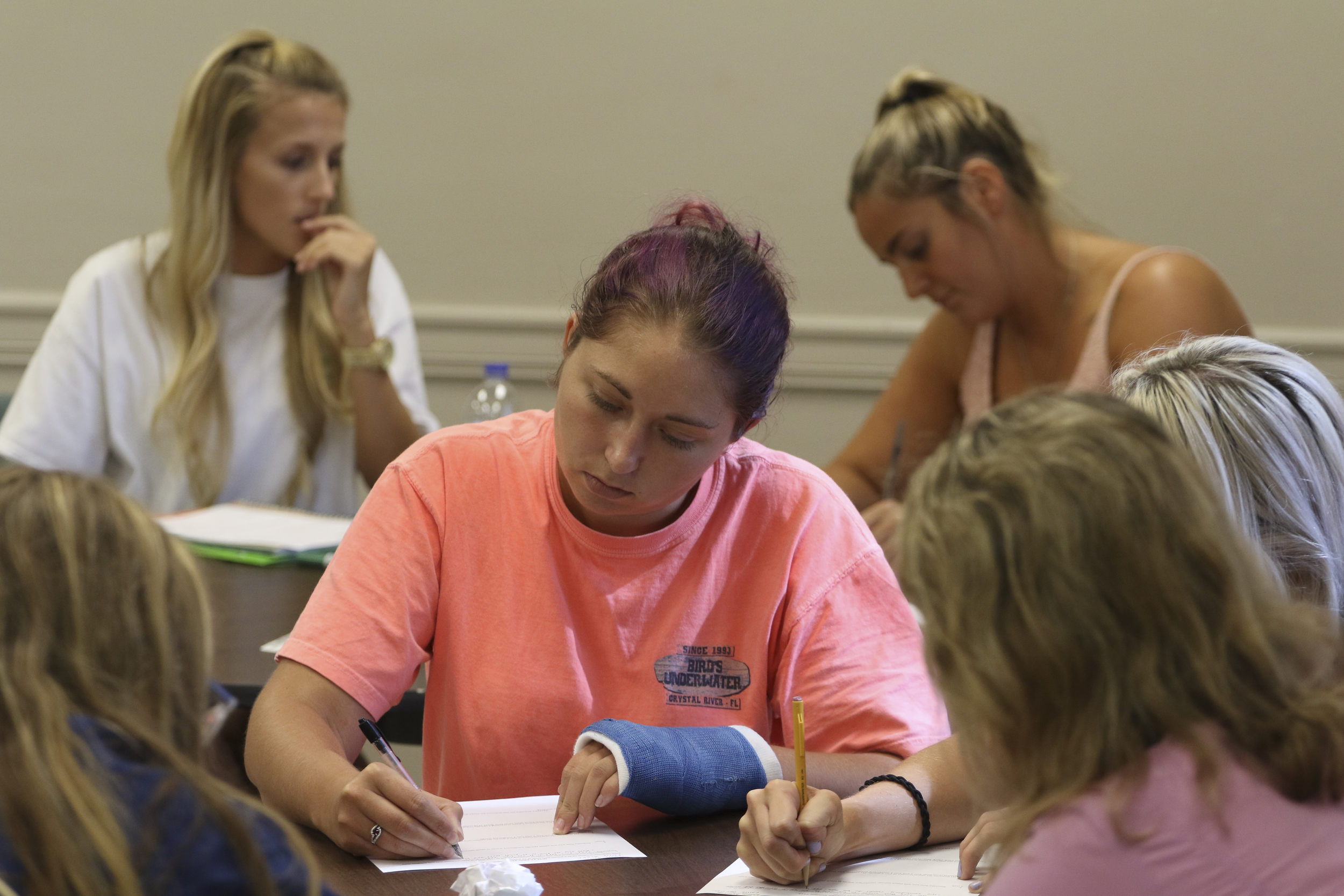 Staff Photo by Dan Henry / The Chattanooga Times Free Press- 7/21/16. Callie Horner takes a quiz after Dr. Sarah Sandefur taught about emergent literacy during her class at the University of Tennessee at Chattanooga on Thursday, July 21, 2016.