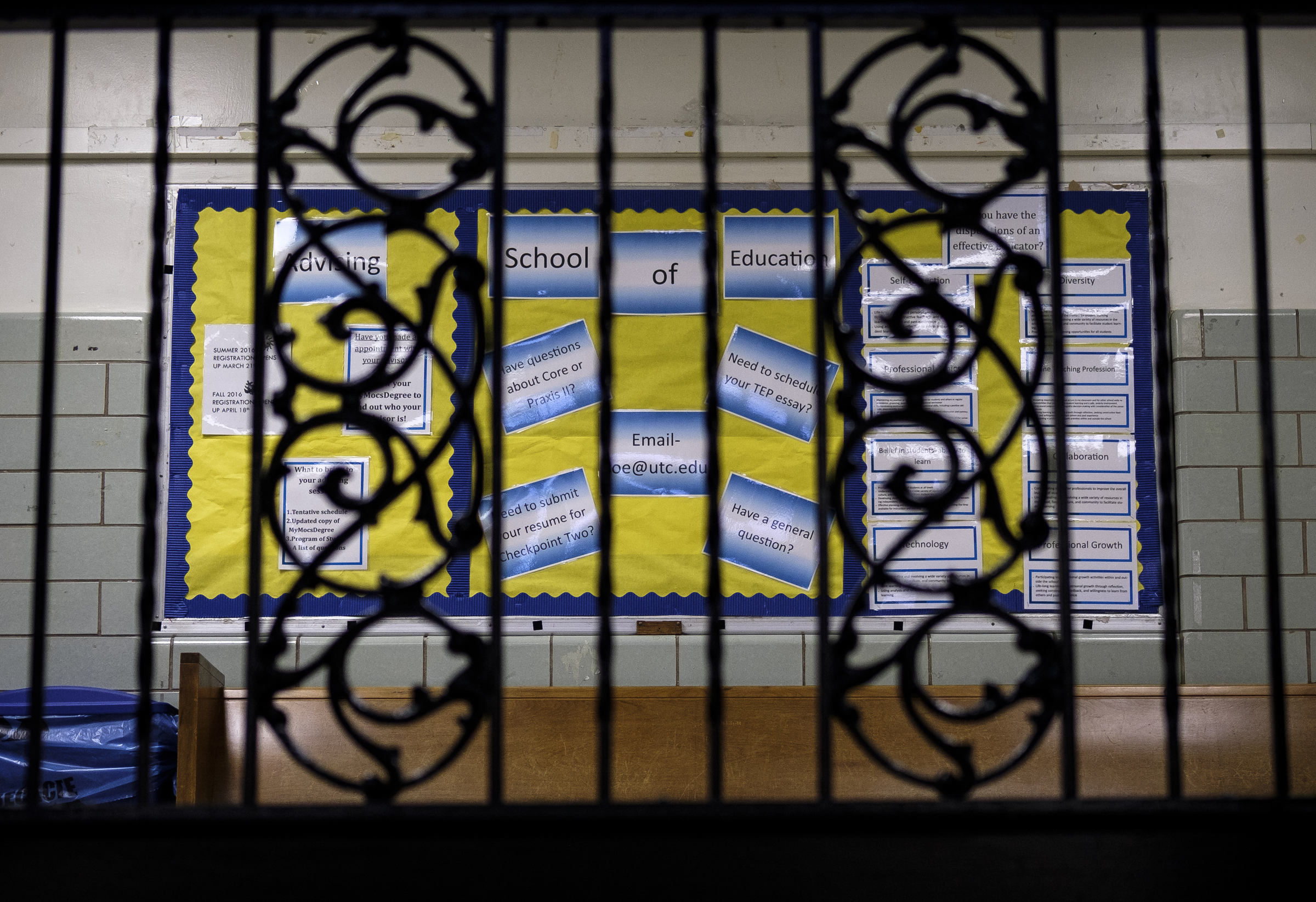 A notice board has information about the UTC School of Education inside Hunter Hall on the school's campus Friday, July 22, 2016, in Chattanooga, Tenn.