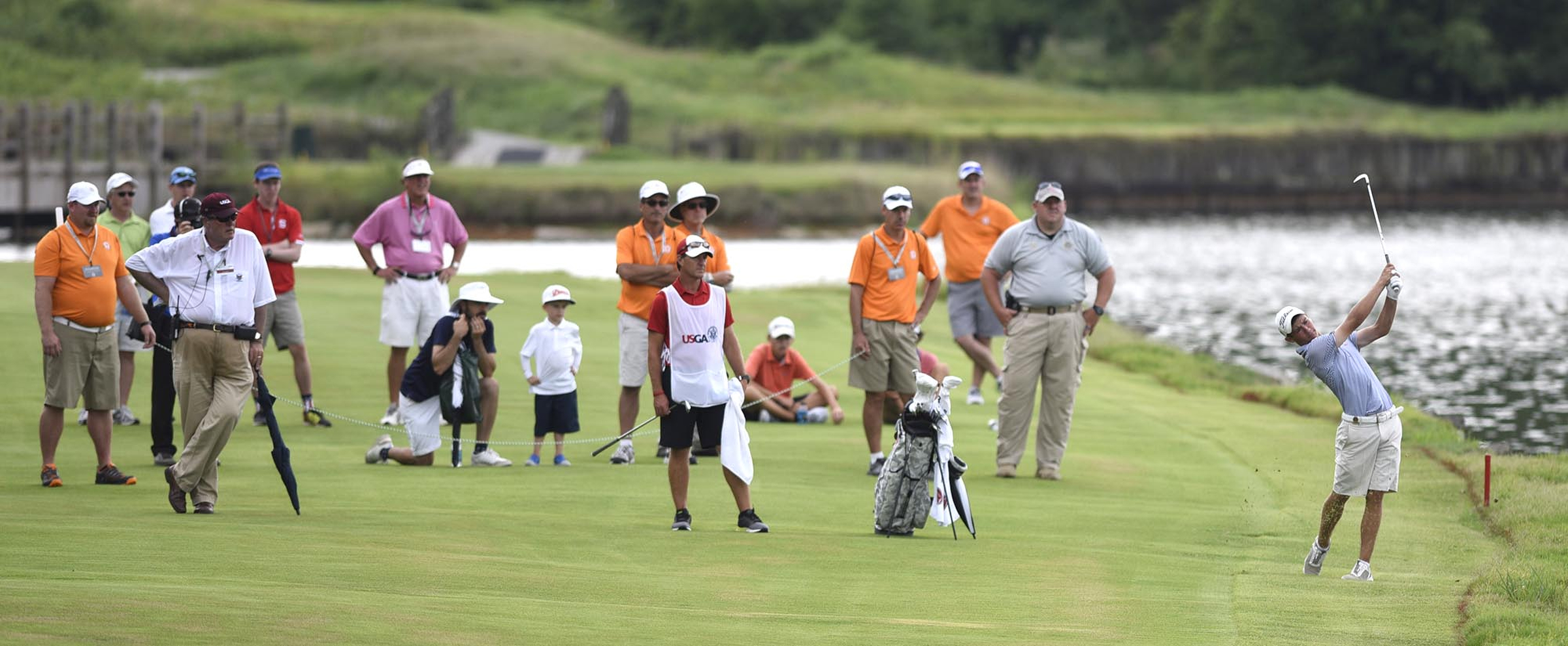 Noah Goodwin of Corinth, Texas hits his fourth shot on the 33rd hole of the match.  Goodwin put his second shot in the water.  The final day of the 69th U.S. Junior Amateur Championship was held at the Honors Course in Ooltewah, Tennessee, Saturday July 23, 2016.