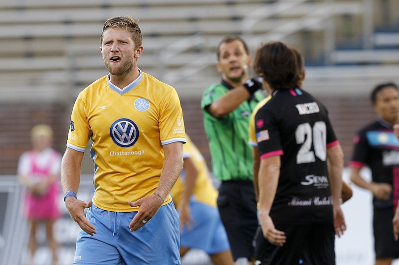 CFC's Luke Winter reacts after a penalty was not called against Miami during Chattanooga FC's playoff soccer match against Miami at Finley Stadium on Saturday, July 23, 2016, in Chattanooga, Tenn.