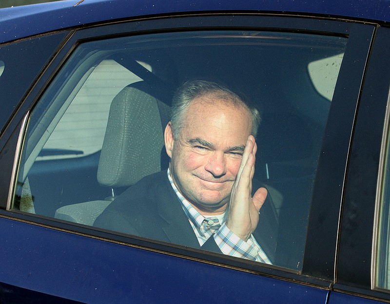 Virginia Senator Tim Kaine, a leading contender to be Democratic presidential candidate Hillary Clinton's pick for vice president, waves to the crowd before attending a private fundraiser event in Newport, RI hosted by fellow Democratic Senator Jack Reed of Rhode Island. (Bob Breidenbach /Providence Journal via AP)