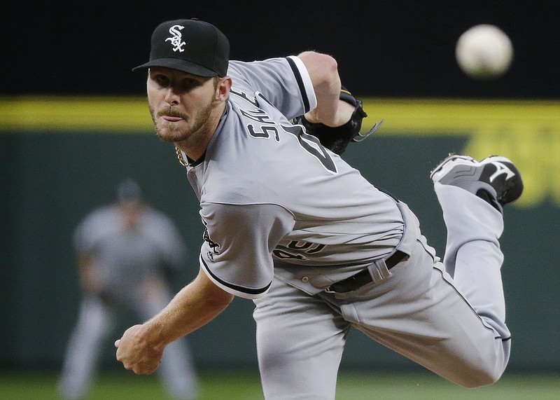 In this Monday, July 18, 2016, file photo, Chicago White Sox starting pitcher Chris Sale throws to a Seattle Mariners batter during a baseball game in Seattle. Sale has been scratched from his start against the Detroit Tigers after he was involved in what the team says was a "non-physical clubhouse incident." The White Sox declined to describe the incident, but said it's "currently under further investigation by the club" and that Sale was sent home from the park. (AP Photo/Ted S. Warren, File)