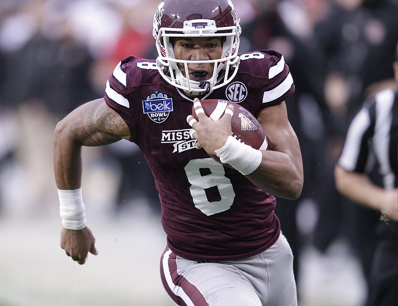 Mississippi State wide receiver Fred Ross (8) runs for a touchdown against North Carolina State in the first half of the Belk Bowl NCAA college football game in Charlotte, N.C., Wednesday, Dec. 30, 2015. (AP Photo/Nell Redmond)