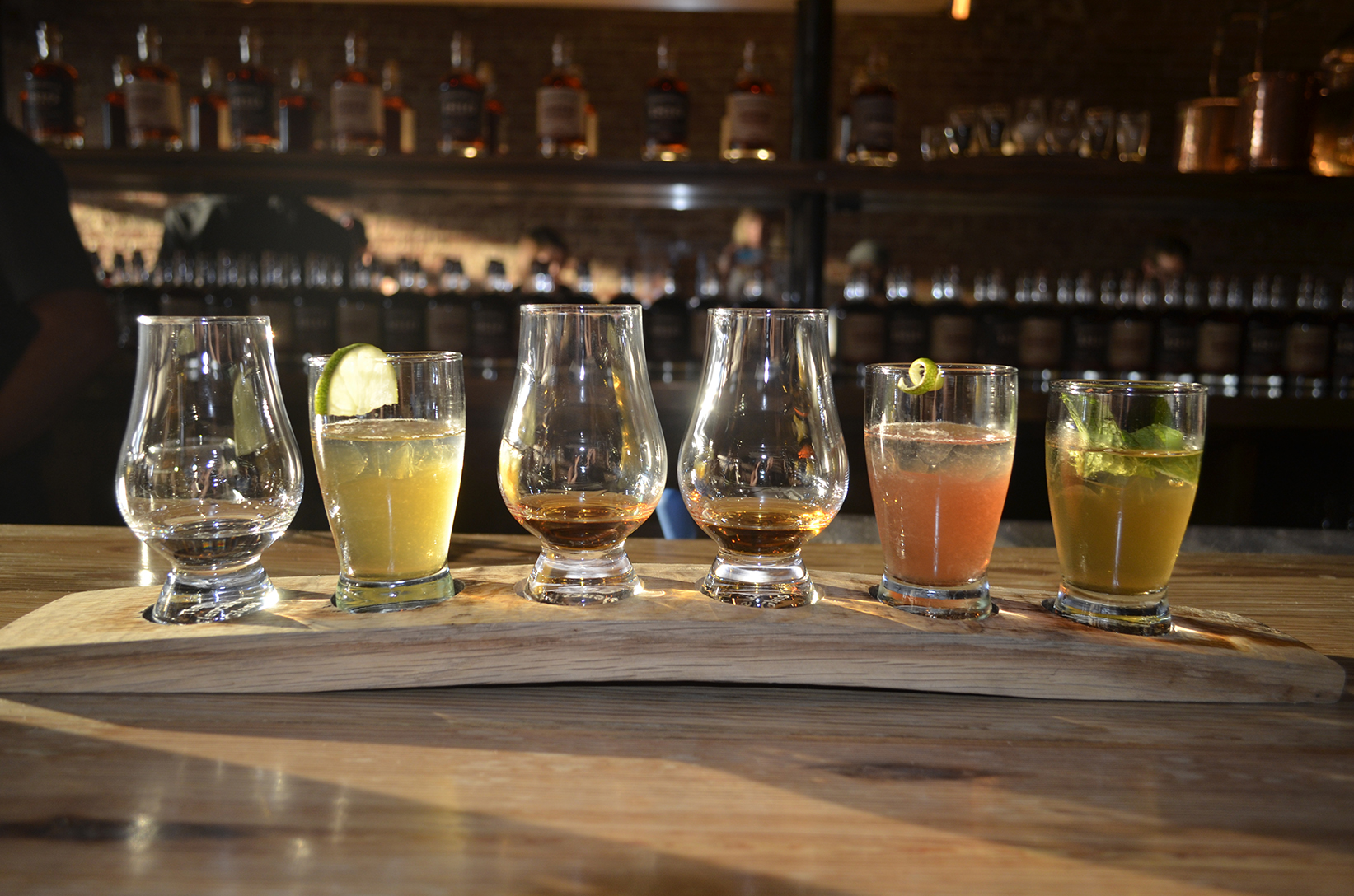 Flights of whiskey drinks are served at the end of each tour for guests to sample.