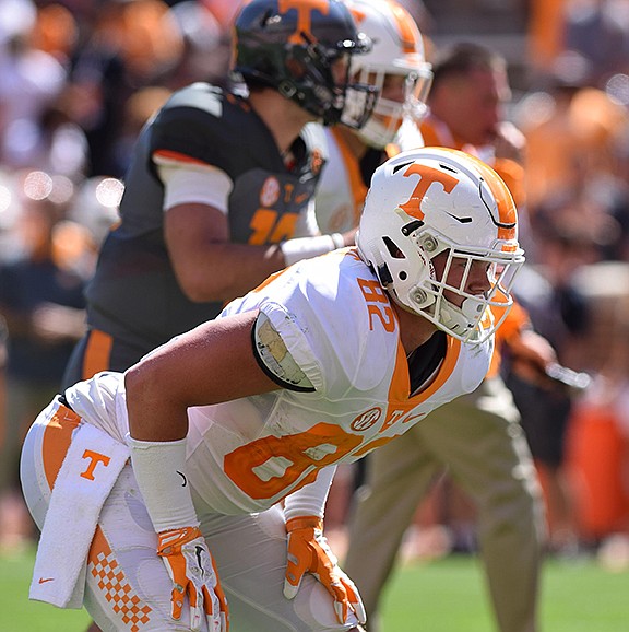 Ethan Wolf (82) lines up for a play.  The University of Tennessee Orange/White Spring Football Game was held at Neyland Stadium in Knoxville on April 16, 2016.