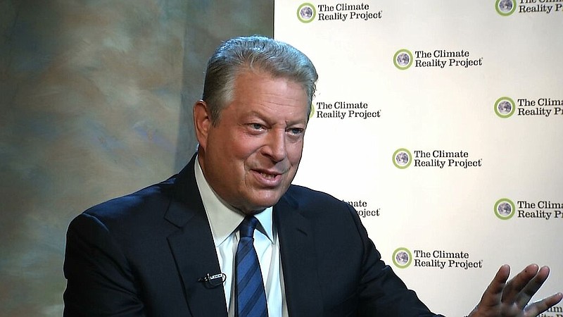 In this image from video, taken Nov. 9, 2015, former Vice President Al Gore gestures during an interview with The Associated Press in Nashville.