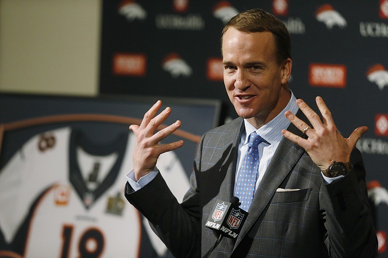 FILE - In this March 7, 2016, file photo, Denver Broncos quarterback Peyton Manning speaks during his retirement announcement at the teams headquarters in Englewood, Colo.  (AP Photo/David Zalubowski, File)
            