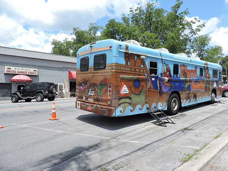 Blood Assurance's Blood Vessel bus parks in front of Dr. Steve's Place for the Ringgold community blood drive.