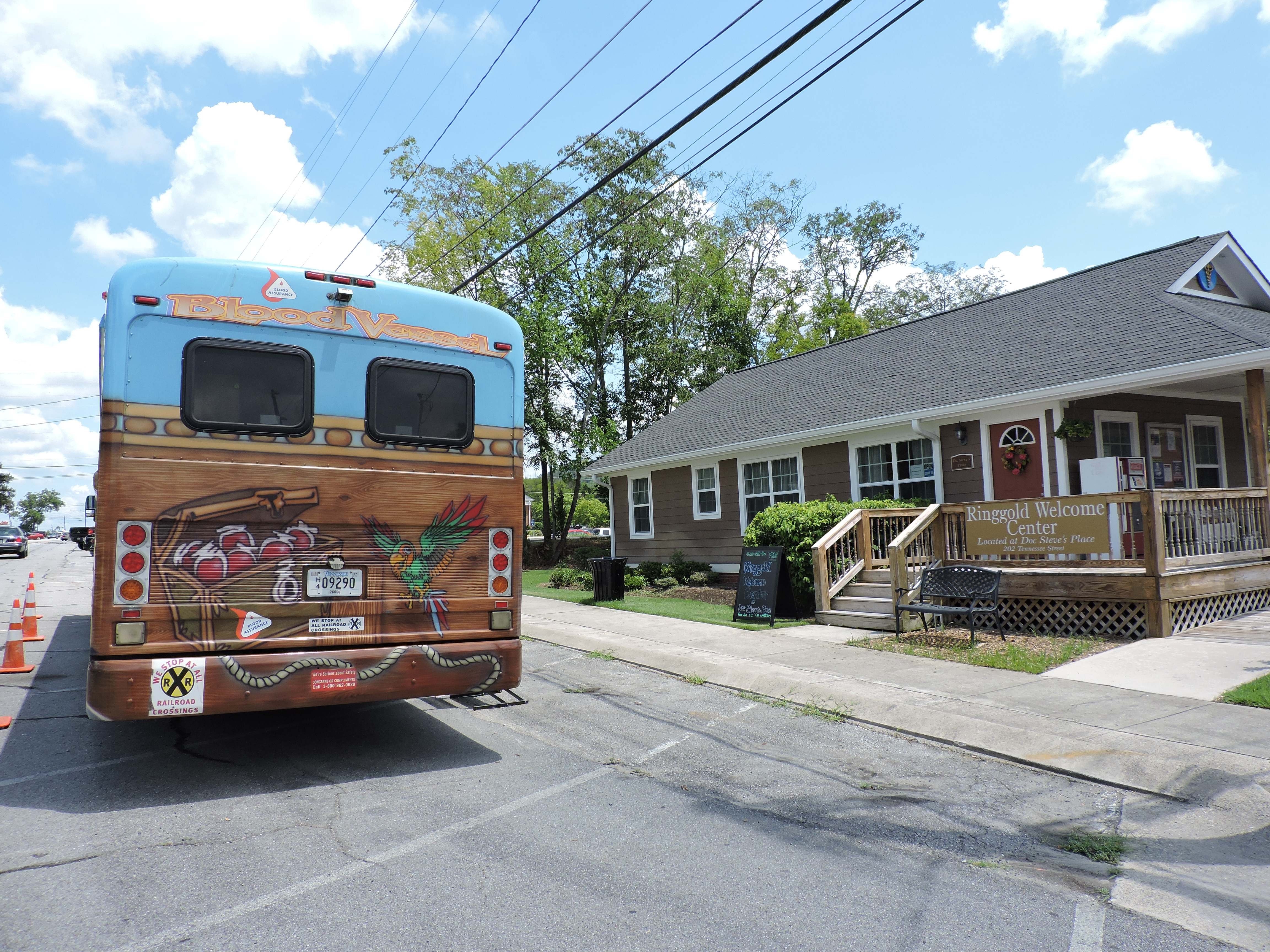 The Blood Assurance Blood Vessel parks in front of Dr. Steve's Place for the Ringgold community blood drive.