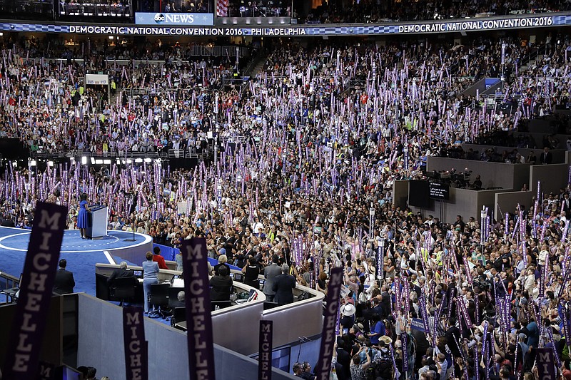 
              First Lady Michelle Obama speaks to delegates during the first day of the Democratic National Convention in Philadelphia , Monday, July 25, 2016. (AP Photo/Matt Rourke)
            