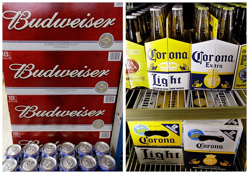 
              FILE - This combination of Associated Press undated file photos shows Budweiser beer in the aisles of Elite Beverages in Indianapolis, and Constellation Brands Corona beers displayed at a liquor store in Palo Alto, Calif. Brewer Anheuser-Busch InBev has increased its cash offer for SABMiller to 45 pounds ($58.98) per share after pressure from investors who had seen the value of the bid drop as the pound declined following Britain’s vote to leave the European Union. (AP Photos/File)
            