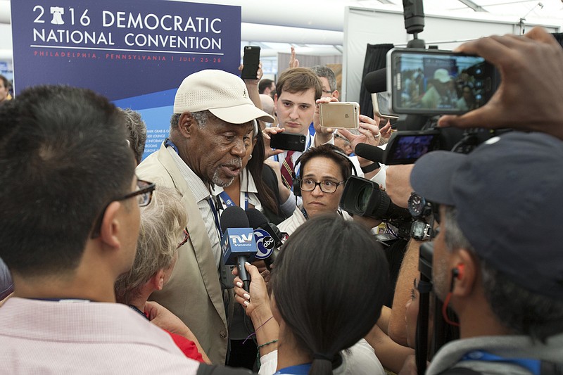 Actor and activist Danny Glover joins supporters of Bernie Sanders delegate Nina Turner for a protest inside the media tent on Wednesday, July 27, 2016, on the third day of the Democratic National Convention in Philadelphia. They say she's being punished by the party for her support of Sanders.