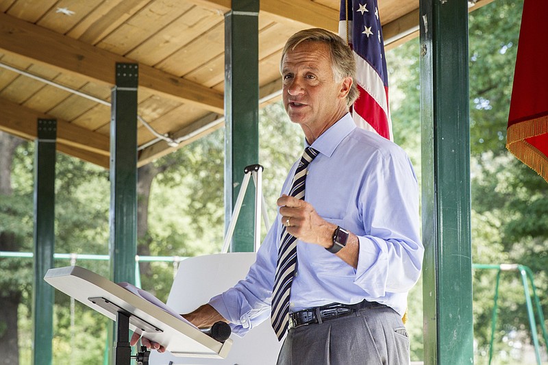 In this Tuesday, July 26, 2016, photo, Republican Gov. Bill Haslam speaks at a grant announcement in Camden, Tenn. Haslam said he has been happy to lend his support to state lawmakers facing tough primary challenges while making grant announcements around the state.