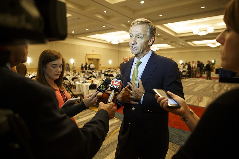 Tennessee Gov. Bill Haslam speaks to media at at Rotary luncheon at the Chattanooga Convention Center on Thursday, June 16, 2016, in Chattanooga.