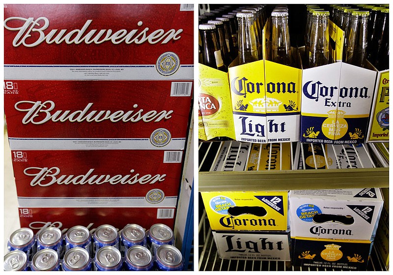 
              FILE - This combination of Associated Press undated file photos shows Budweiser beer in the aisles of Elite Beverages in Indianapolis, and Constellation Brands Corona beers displayed at a liquor store in Palo Alto, Calif. Anheuser-Busch InBev has cleared the last regulatory hurdle to its mega merger with rival SABMiller in a deal that has hit new snags this week, when some shareholders sought an improved offer due to shifts in currency values. Chinese regulatory authorities gave the go-ahead on Friday, July 29, 2016 for AB InBev to sell SABMiller's stake in China's Snow Breweries. China's Ministry of Commerce agreed to the sale of SABMiller's 49 percent stake in Snow to China Resources Beer Co., which owns the rest of China's largest brewer.  (AP Photos/File)
            