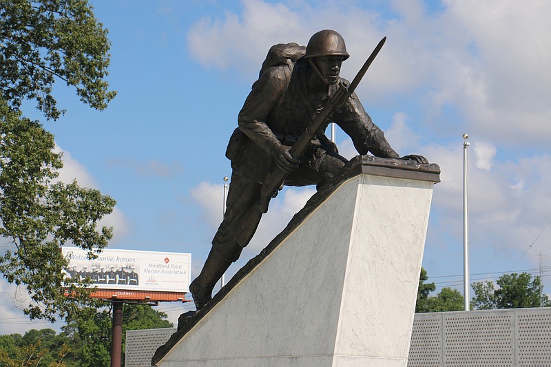 
              In this Sept. 21, 2015 photo provided by the City of Jacksonville, the monument for the Montford Point Marines, the nation's first black Marines, is seen in Jacksonville, N.C. Forty-five Montford Point Marines are scheduled to attend the dedication Friday, July 29, 2016, at Lejeune Memorial Gardens. (Lisa Miller, City of Jacksonville via AP)
            
