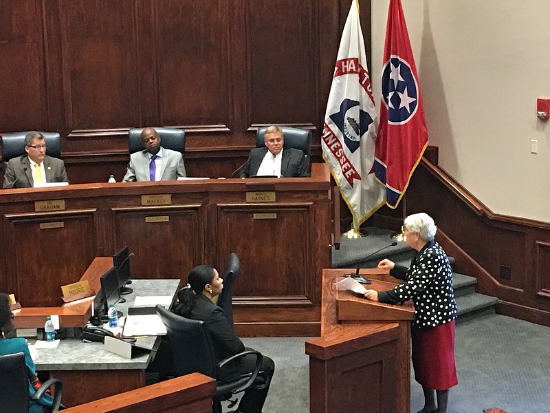 PHOTO BY PAUL LEACH. Pam Ladd, CEO of Partnership for Families Children and Adults, speaks to the Hamilton County Commission on July 27, 2016.