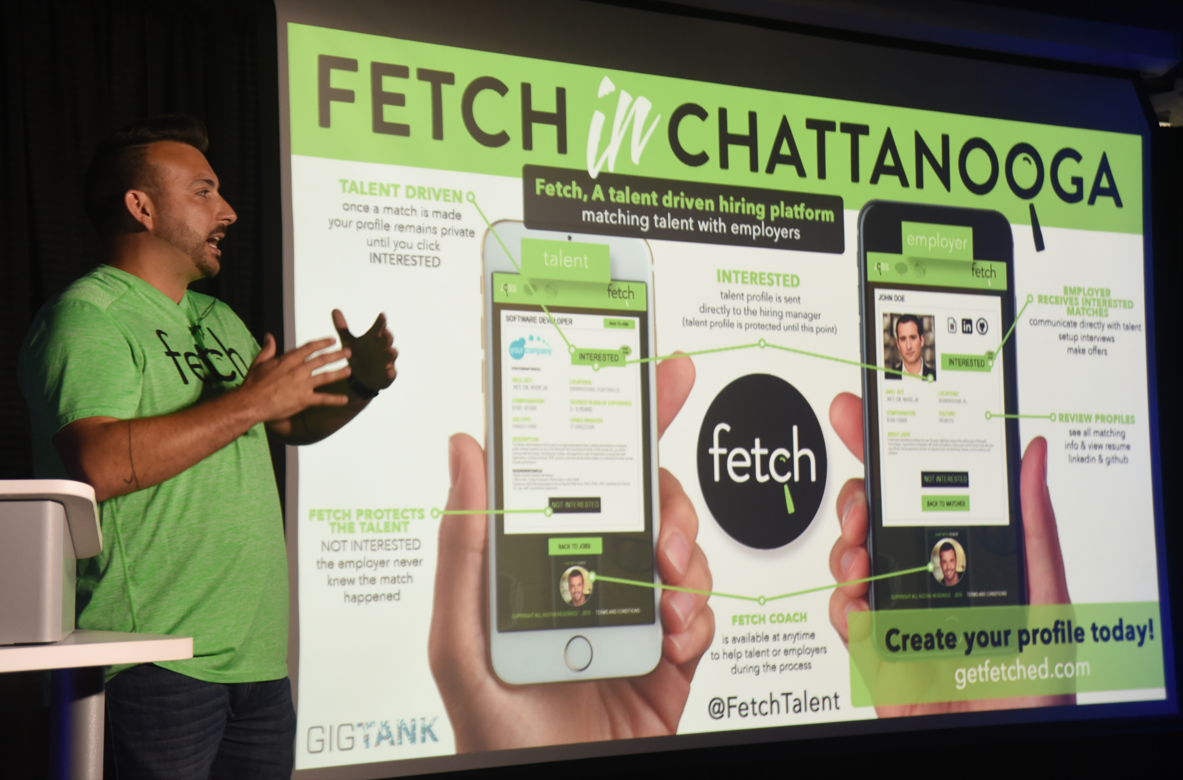 Jason Hutson talks about Fetch, of Birmingham, Ala., a hiring platform that lets employers and talent create profiles and match with each other based on interests and needs.