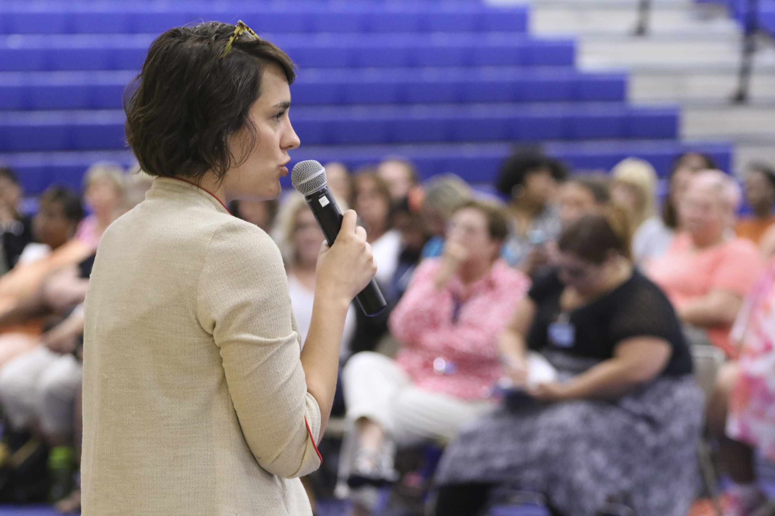 Staff Photo by Dan Henry / The Chattanooga Times Free Press- 8/1/16. Amy Vreeland, founder and CEO of The School Studio, speaks as the keynote during the I.C.E. Institute (Innovate Create Engage) held at Red Bank Middle School on Monday, August 1, 2016.