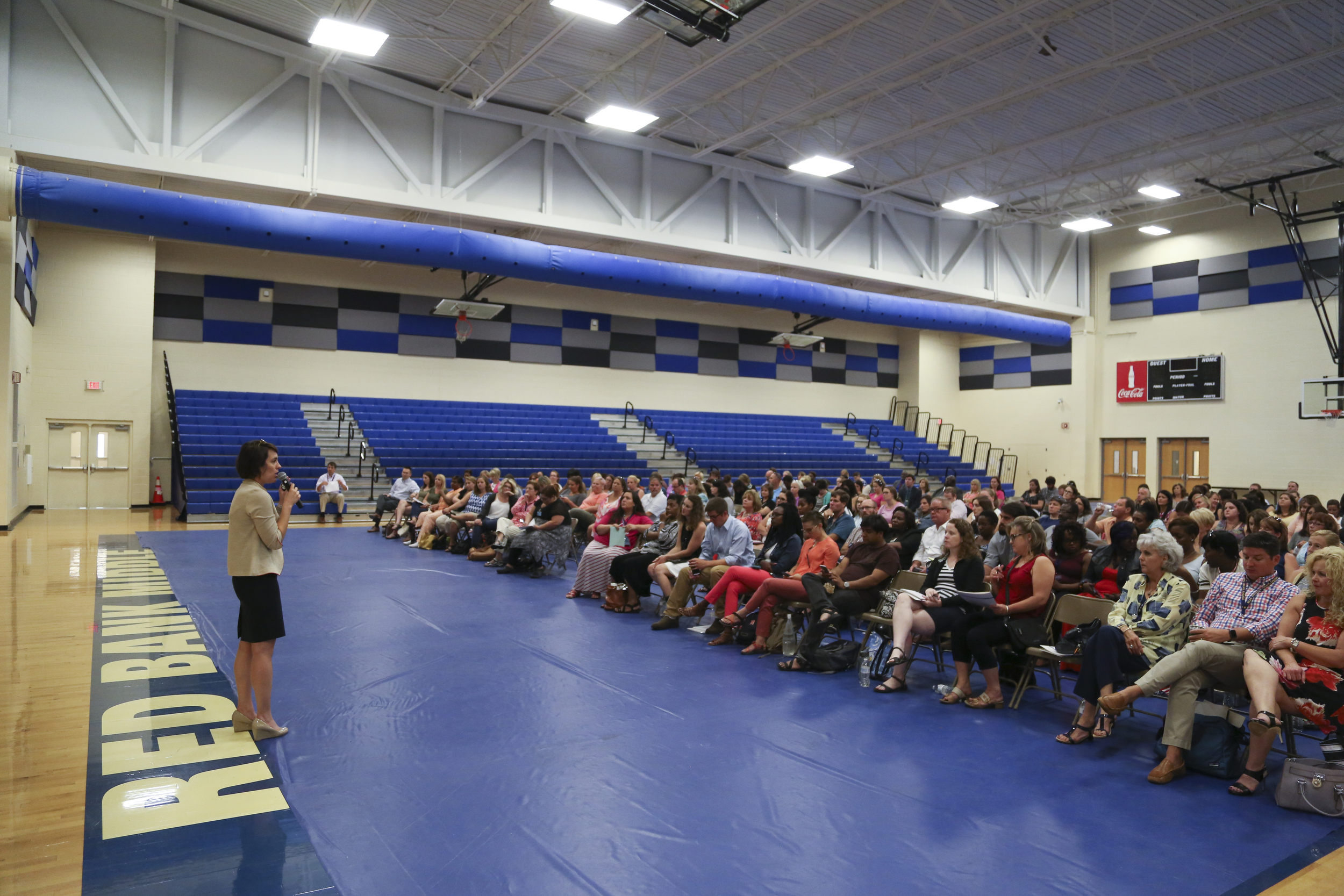 Staff Photo by Dan Henry / The Chattanooga Times Free Press- 8/1/16. Amy Vreeland, founder and CEO of The School Studio, speaks as the keynote during the I.C.E. Institute (Innovate Create Engage) held at Red Bank Middle School on Monday, August 1, 2016.