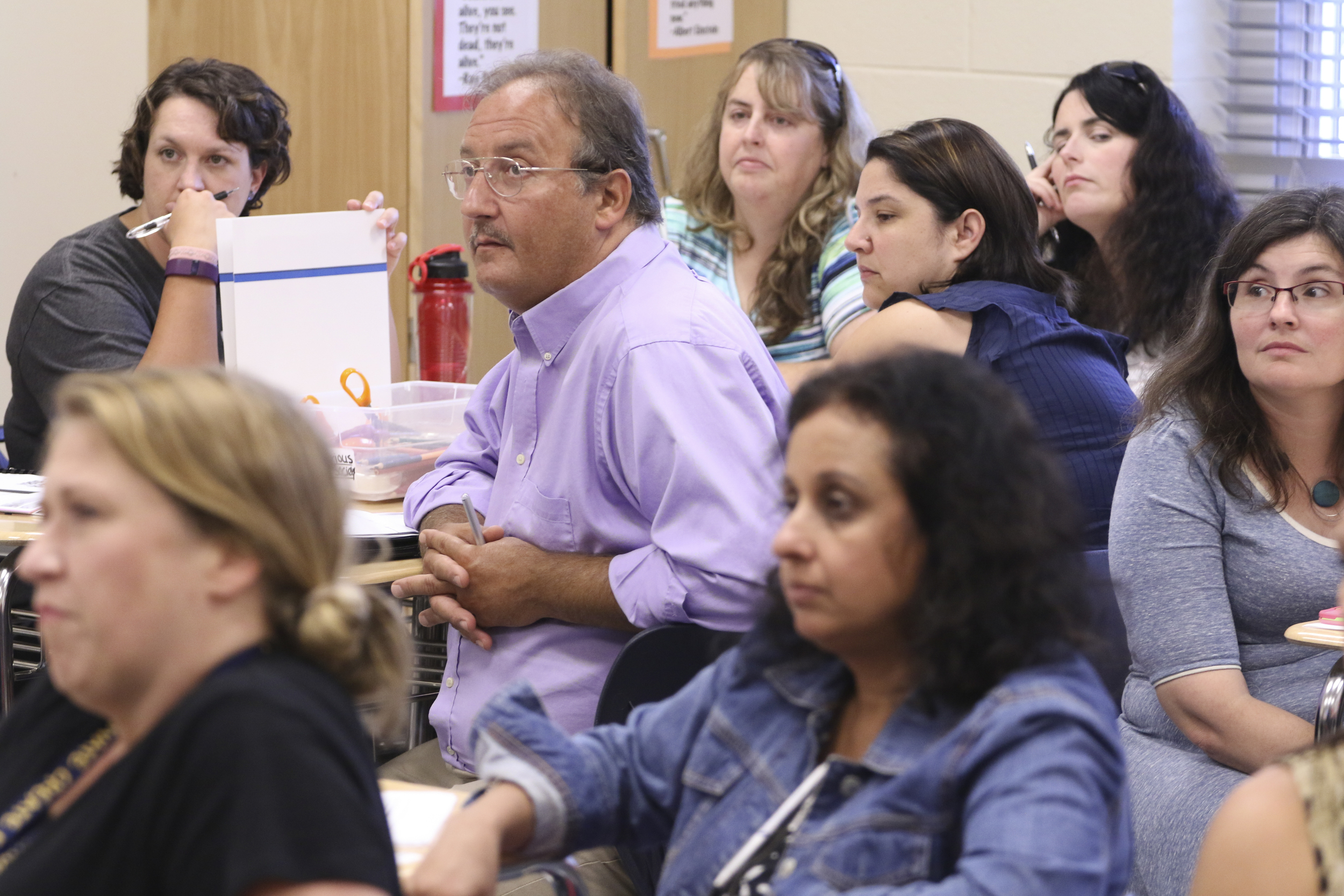 Staff Photo by Dan Henry / The Chattanooga Times Free Press- 8/1/16. Bryan Stewart, the Assistant Principal at Bess T. Shepherd, sits with other educators during the I.C.E. Institute (Innovate Create Engage) held at Red Bank Middle School on Monday, August 1, 2016.