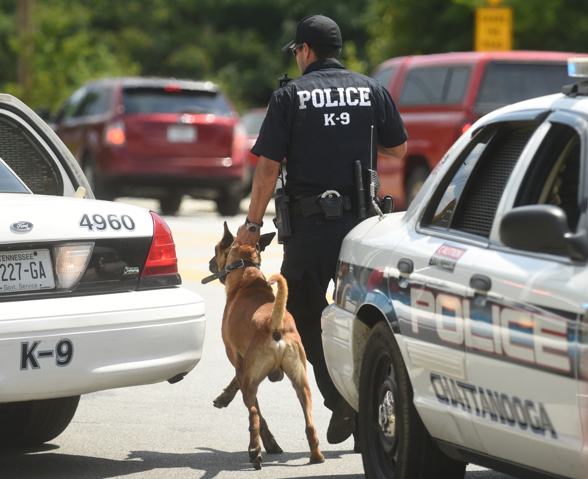 Officers are gathered on Old Lee Highway near the intersection of Apison Pike Monday, August 1, 2016 while searching for a man who fled police.