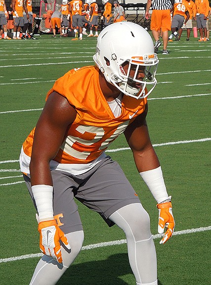 Vols defensive back Todd Kelly Jr. runs a drill during Monday's practice. Kelly has changed his number to honor the late Zaevion Dobson, a friend killed as a teenager in a 2015 gang-related incident in Knoxville.