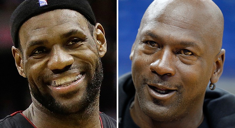 
              FILE - At left is a June 16, 2013,  file photo showing LeBron James. At right is an Oct. 2, 2012,  file photo showing Michael Jordan. LeBron James has often avoided talking about trying to match Michael Jordan’s accomplishment. Now he’s chasing ‘the ghost’ of arguably the greatest player in NBA history. (AP Photo/File
            