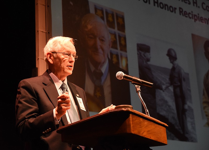 Retired Lt. Gen. Charles H. Coolidge Jr. speaks to hundreds at a  meeting about the Charles H. Coolidge Medal of Honor Heritage Center Wednesday night at the Chattanooga Theatre Center auditorium.