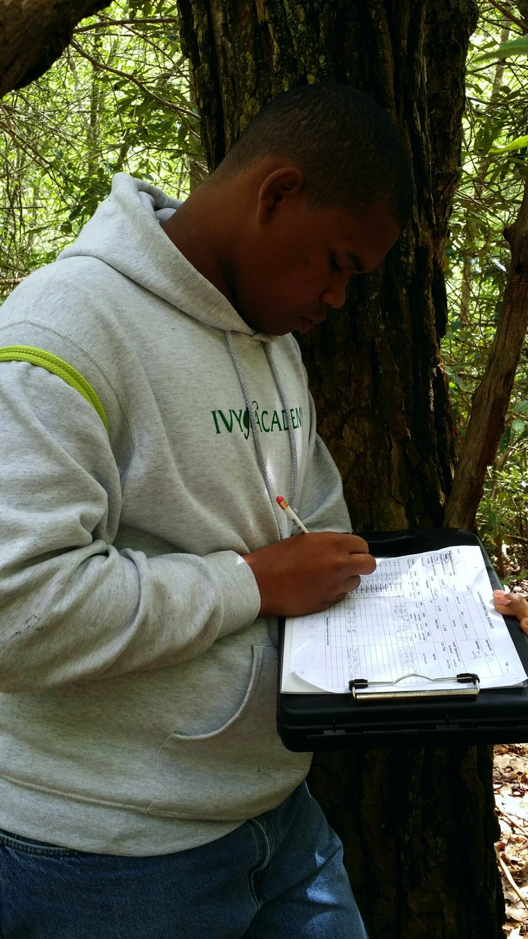 Ivy Academy senior Aaron Bynum records field data in the North Chickamauga Creek Gorge.