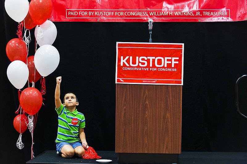 Frankie Giardino, 5, plays with a pom-pom as he awaits the arrival of his uncle David Kustoff at Marriott Memphis East on Thursday, Aug. 4, 2016. The candidates who have spent the heaviest on the race for the GOP nomination for the 8th District seat include radio station owner George Flinn, businessman Brad Greer, state Sen. Brian Kelsey, former U.S. Attorney Kustoff and Shelby County Mayor Mark Luttrell. 