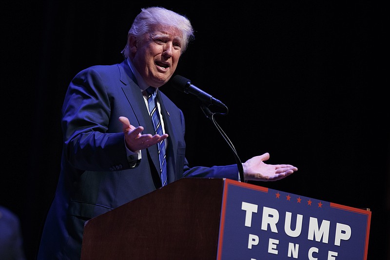 
              Republican presidential candidate Donald Trump speaks during a campaign rally at Merrill Auditorium, Thursday, Aug. 4, 2016, in Portland, Maine. (AP Photo/Evan Vucci)
            