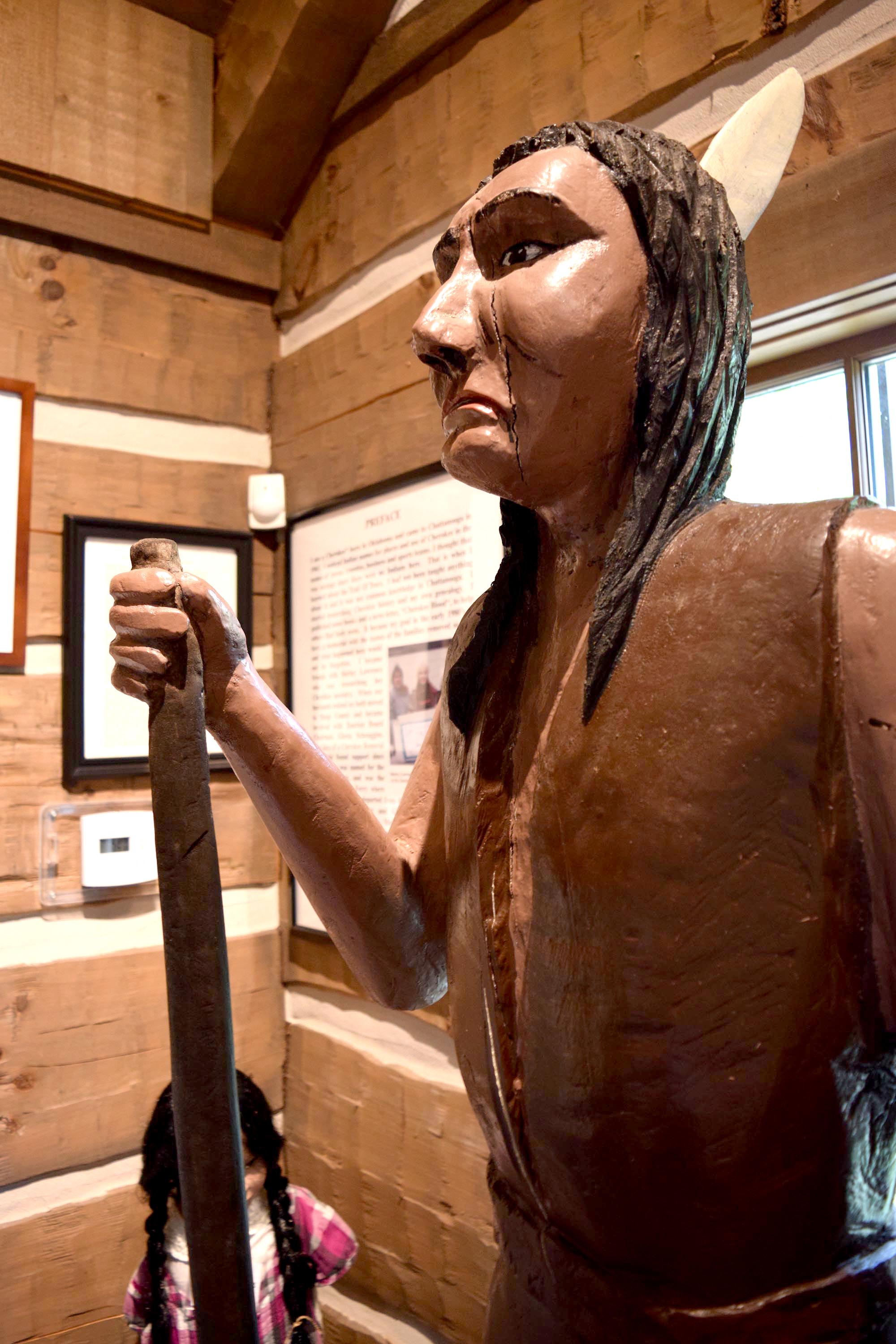 Cherokee interpreter John Spears is represented by this sculpture donated Thursday to the Cherokee Removal Memorial Park in Meigs County on Thursday was donated by former residents Ray and Shirley Hoskins. Shirley Hoskins is the fourth great granddaughter of Spears. The piece was carved with a chainsaw and rasp in the early-1990s.