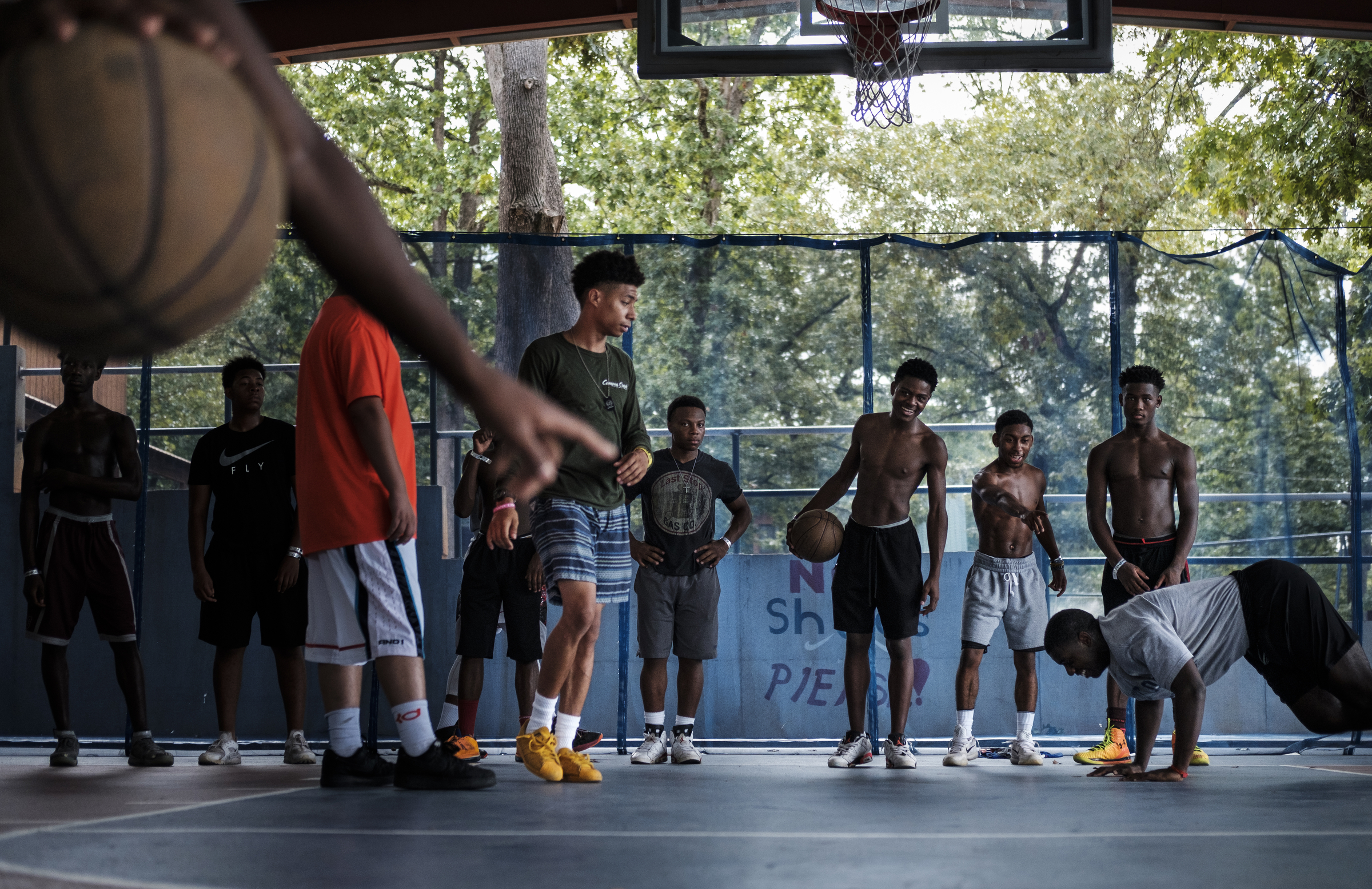 Youths participate in a basketball workshop during their activity period at the Kids Across America camp Wednesday, July 27, 2016, near Branson, Mo. The camp ministers to inner-city youths brought from across the country.